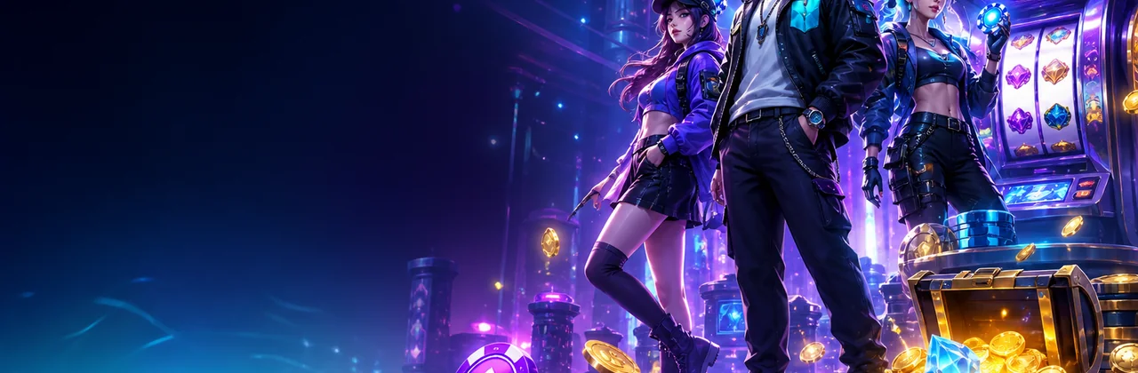 Không gian sảnh game neon với nhân vật phiêu lưu và máy slot rực sáng